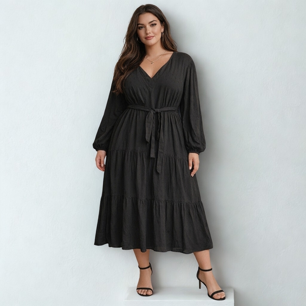 Pari Passu Tiered Doby Long Sleeve Black Midi Dress with Sash Belt 20(5)